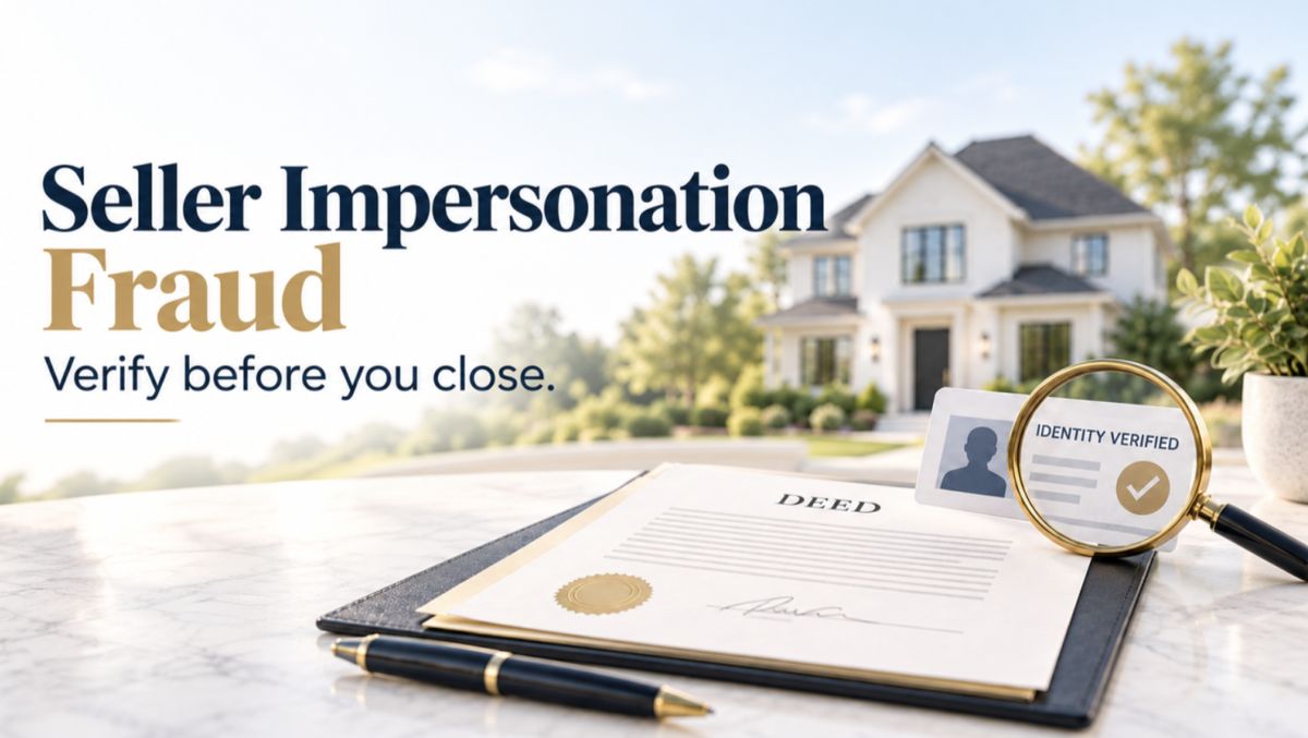 Seller Impersonation Fraud: verify before you close. A deed, ID card, and magnifying glass in front of a house.